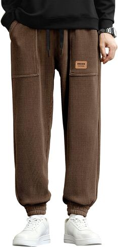 PLEPAN Mens Corduroy Pants Casual Joggers Drawstring Elastic Waist Tapered Sweatpants with Pockets in Kuwait