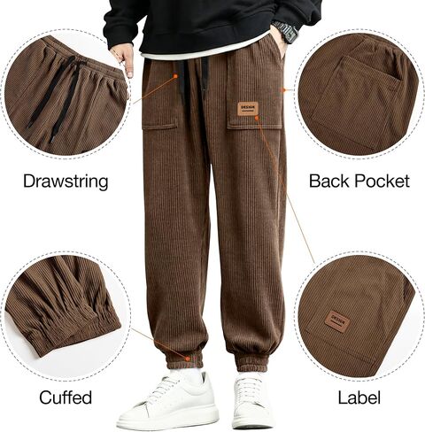 PLEPAN Mens Corduroy Pants Casual Joggers Drawstring Elastic Waist Tapered Sweatpants with Pockets in Kuwait