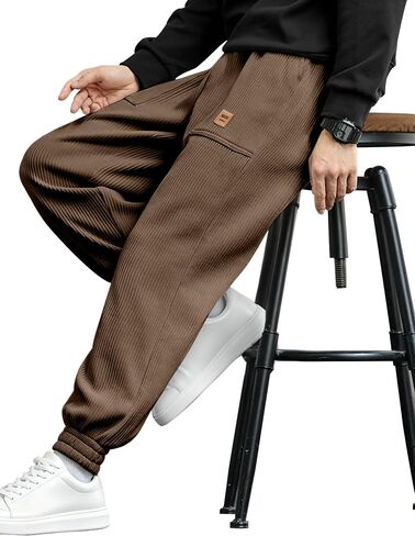 PLEPAN Mens Corduroy Pants Casual Joggers Drawstring Elastic Waist Tapered Sweatpants with Pockets in Kuwait
