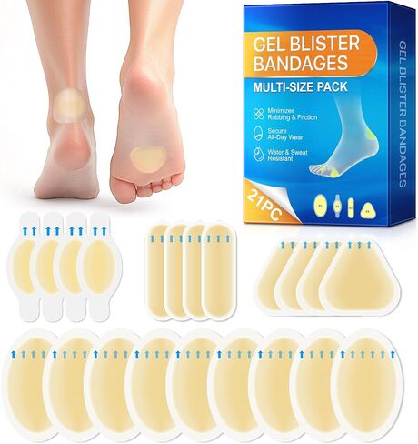 Gel Blister Bandages 21Pcs - Multi-Size Pack for Feet & Heels | Waterproof & Sweat-Resistant Cushioning | Secure All-Day Adhesion | Prevents Rubbing & Friction | First Aid for Blisters & Hot Spots in Saudi Arabia