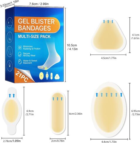 Gel Blister Bandages 21Pcs - Multi-Size Pack for Feet & Heels | Waterproof & Sweat-Resistant Cushioning | Secure All-Day Adhesion | Prevents Rubbing & Friction | First Aid for Blisters & Hot Spots in Saudi Arabia