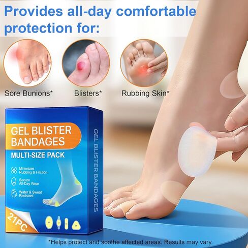 Gel Blister Bandages 21Pcs - Multi-Size Pack for Feet & Heels | Waterproof & Sweat-Resistant Cushioning | Secure All-Day Adhesion | Prevents Rubbing & Friction | First Aid for Blisters & Hot Spots in Saudi Arabia