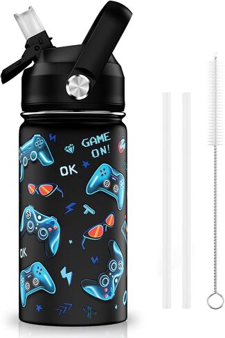 18oz أطفال زجاجة ماء معزولة مع غطاء القش - 18/8 كوب من الفولاذ المقاوم للصدأ كوب BPA خالية من Tumbler Tumbler Double Wall Leak Proof Portable Toddler Bottle (Game+Dinasour1） in Kuwait