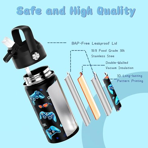 18oz أطفال زجاجة ماء معزولة مع غطاء القش - 18/8 كوب من الفولاذ المقاوم للصدأ كوب BPA خالية من Tumbler Tumbler Double Wall Leak Proof Portable Toddler Bottle (Game+Dinasour1） in Kuwait