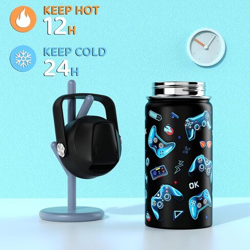 18oz أطفال زجاجة ماء معزولة مع غطاء القش - 18/8 كوب من الفولاذ المقاوم للصدأ كوب BPA خالية من Tumbler Tumbler Double Wall Leak Proof Portable Toddler Bottle (Game+Dinasour1） in Kuwait