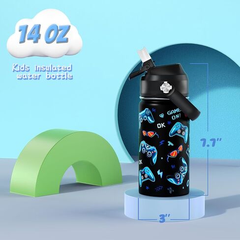 18oz أطفال زجاجة ماء معزولة مع غطاء القش - 18/8 كوب من الفولاذ المقاوم للصدأ كوب BPA خالية من Tumbler Tumbler Double Wall Leak Proof Portable Toddler Bottle (Game+Dinasour1） in Kuwait