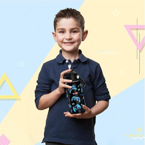 18oz أطفال زجاجة ماء معزولة مع غطاء القش - 18/8 كوب من الفولاذ المقاوم للصدأ كوب BPA خالية من Tumbler Tumbler Double Wall Leak Proof Portable Toddler Bottle (Game+Dinasour1） in Kuwait