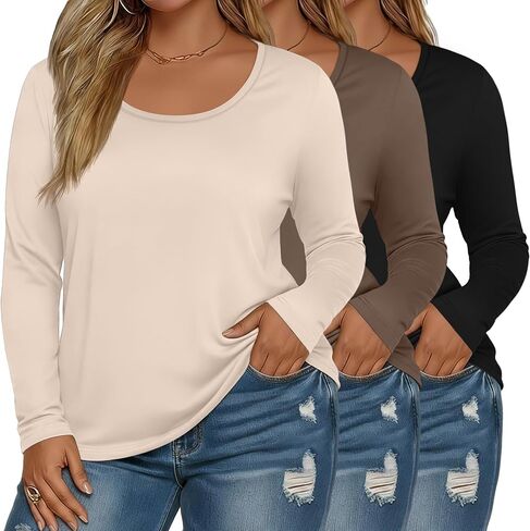 3 Pack Women's Plus Size Scoop Neck Long Sleeve Shirts, U Neck Loose Layer Tops Casual Soft Solid Basic Tees Blouses in Saudi Arabia