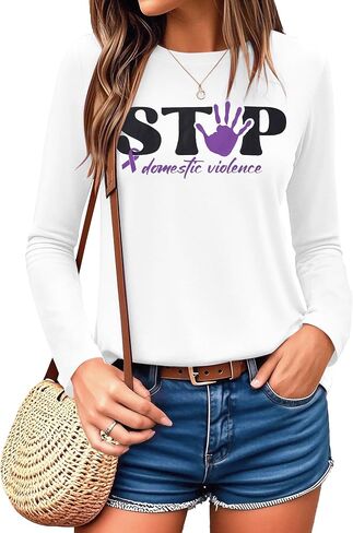 MNLYBABY Stop Domestic Violence Shirt Women: Domestic Violence Awareness Sweatshirt Purple Ribbon Lightweight Long Sleeve Top in Saudi Arabia