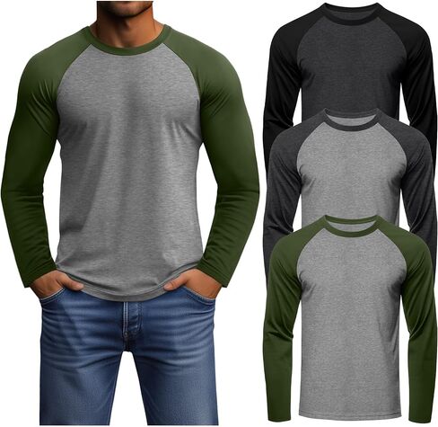 Huukeay 3 Pack Men's Long Sleeve Baseball Shirts, Crew Neck Raglan Cotton Blend Casual Vintage Jersey Sport Tee Tops in Saudi Arabia