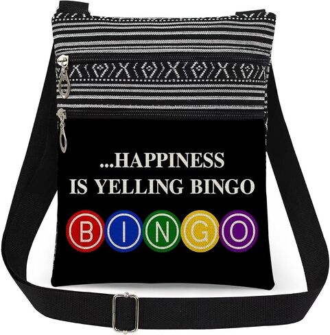 "Happiness is Yelling Bingo Print Messenger Bag Bingo Game Adjustable Strap Crossbody Bag Colorful Letter Circles for Adults Wallet Fun Birthday Gift for Women Men Game Night​​ (Black) in Saudi Arabia