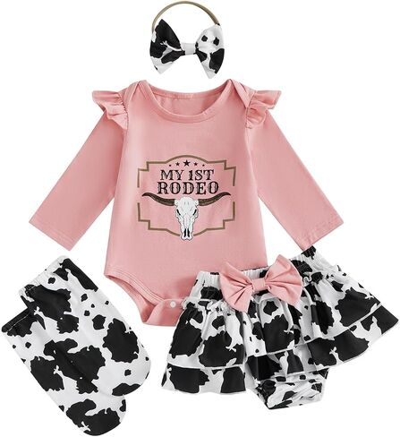 ملابس الطفلة الغربية Cowgirl My 1st Rodeo Roffles Romper Shirt Cow Print Bloomer Shorts 3pcs in Saudi Arabia