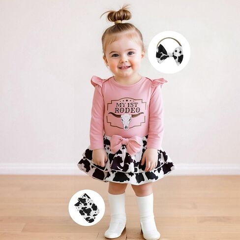 ملابس الطفلة الغربية Cowgirl My 1st Rodeo Roffles Romper Shirt Cow Print Bloomer Shorts 3pcs in Saudi Arabia