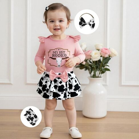 ملابس الطفلة الغربية Cowgirl My 1st Rodeo Roffles Romper Shirt Cow Print Bloomer Shorts 3pcs in Saudi Arabia