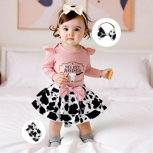 ملابس الطفلة الغربية Cowgirl My 1st Rodeo Roffles Romper Shirt Cow Print Bloomer Shorts 3pcs in Saudi Arabia