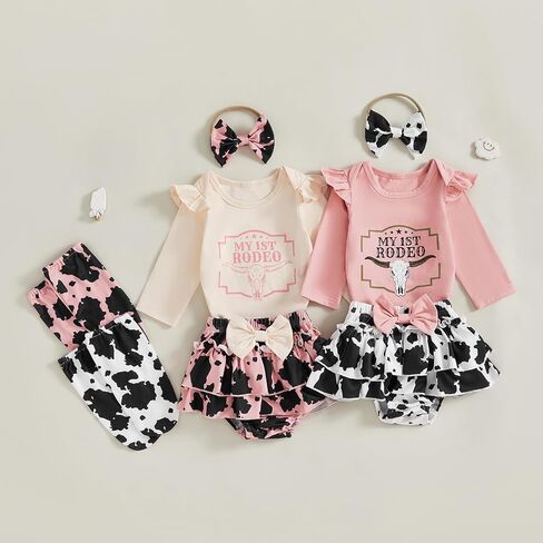 ملابس الطفلة الغربية Cowgirl My 1st Rodeo Roffles Romper Shirt Cow Print Bloomer Shorts 3pcs in Saudi Arabia