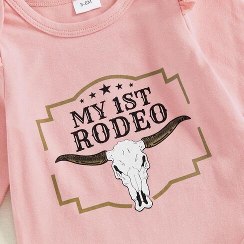 ملابس الطفلة الغربية Cowgirl My 1st Rodeo Roffles Romper Shirt Cow Print Bloomer Shorts 3pcs in Saudi Arabia