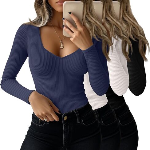 Huukeay 3 Pack Women's Ribbed Long Sleeve Shirts, Sexy Sweetheart Neckline Tops Fall Knit Slim Fit T-Shirt Y2k Going Out Tees in Saudi Arabia