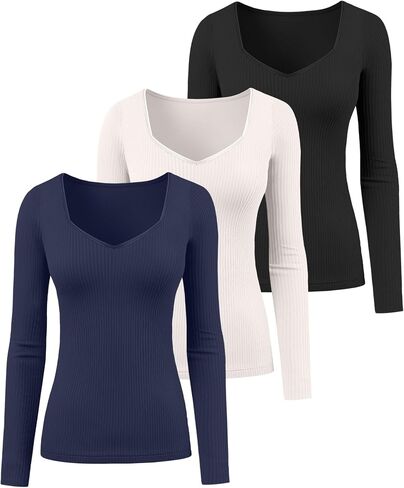 Huukeay 3 Pack Women's Ribbed Long Sleeve Shirts, Sexy Sweetheart Neckline Tops Fall Knit Slim Fit T-Shirt Y2k Going Out Tees in Saudi Arabia