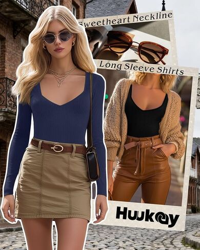 Huukeay 3 Pack Women's Ribbed Long Sleeve Shirts, Sexy Sweetheart Neckline Tops Fall Knit Slim Fit T-Shirt Y2k Going Out Tees in Saudi Arabia
