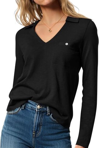 Tankaneo Womens Long Sleeve Polo Shirts V Neck Fall Dressy Casual Collared Tops Loose Fit Work Shirt in Saudi Arabia