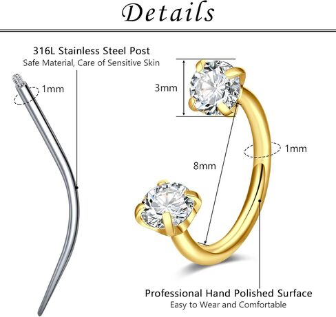 TOKRING 18G Internal Threaded Horseshoe Nose Rings Septum Rings CZ Rook Helix Conch Daith Cartilage Earrings 8mm Labret Lip Ear Eyebrow Nose Piercing Jewelry in Kuwait