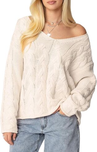 ZAFUL Womens V Neck Off The Shoulder Sweater Long Sleeve 2025 Oversized Cable Knit Casual Pullover Tops in Saudi Arabia