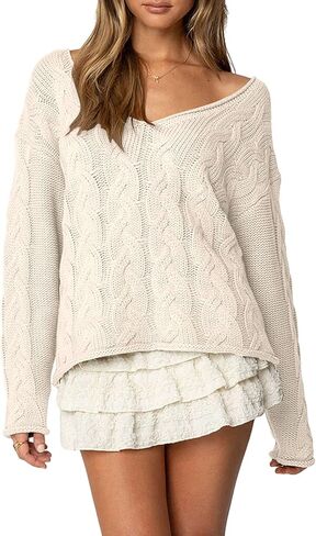 ZAFUL Womens V Neck Off The Shoulder Sweater Long Sleeve 2025 Oversized Cable Knit Casual Pullover Tops in Saudi Arabia