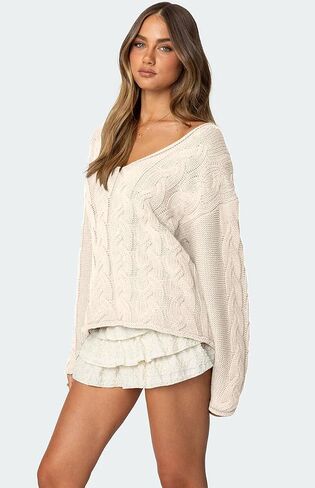 ZAFUL Womens V Neck Off The Shoulder Sweater Long Sleeve 2025 Oversized Cable Knit Casual Pullover Tops in Saudi Arabia