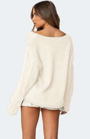 ZAFUL Womens V Neck Off The Shoulder Sweater Long Sleeve 2025 Oversized Cable Knit Casual Pullover Tops in Saudi Arabia