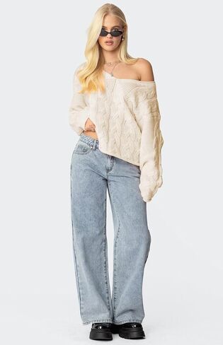 ZAFUL Womens V Neck Off The Shoulder Sweater Long Sleeve 2025 Oversized Cable Knit Casual Pullover Tops in Saudi Arabia