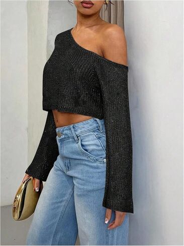 MakeMeChic Women's Off The Shoulder Sweater Sequin Sparkly Long Sleeve Party Crop Pullover Tops in Kuwait