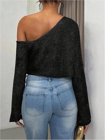 MakeMeChic Women's Off The Shoulder Sweater Sequin Sparkly Long Sleeve Party Crop Pullover Tops in Kuwait