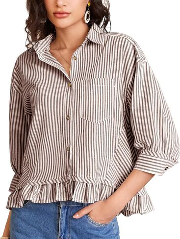 Flygo Womens 3/4 Sleeve Striped Button Down Shirts Cropped Ruffle Hem Casual Collared Drop Shoulder Cotton Blouse Summer Tops in Saudi Arabia