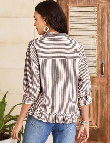 Flygo Womens 3/4 Sleeve Striped Button Down Shirts Cropped Ruffle Hem Casual Collared Drop Shoulder Cotton Blouse Summer Tops in Saudi Arabia