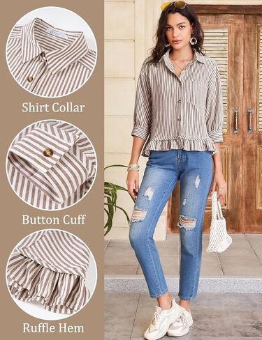 Flygo Womens 3/4 Sleeve Striped Button Down Shirts Cropped Ruffle Hem Casual Collared Drop Shoulder Cotton Blouse Summer Tops in Saudi Arabia