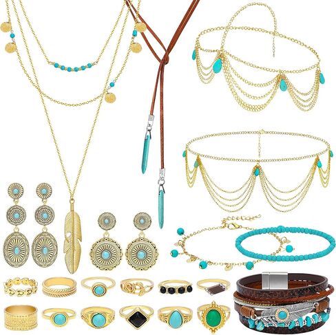 NEWITIN 21 Pieces Gold Bohemian Jewelry Set for Women Fashion Costume Jewels Turquoise Necklace Bracelet Ring Belt Chain Earrings Western Turquoise Jewelry Set for Women in Saudi Arabia