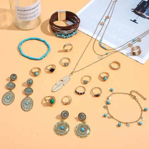 NEWITIN 21 Pieces Gold Bohemian Jewelry Set for Women Fashion Costume Jewels Turquoise Necklace Bracelet Ring Belt Chain Earrings Western Turquoise Jewelry Set for Women in Saudi Arabia
