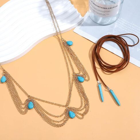 NEWITIN 21 Pieces Gold Bohemian Jewelry Set for Women Fashion Costume Jewels Turquoise Necklace Bracelet Ring Belt Chain Earrings Western Turquoise Jewelry Set for Women in Saudi Arabia