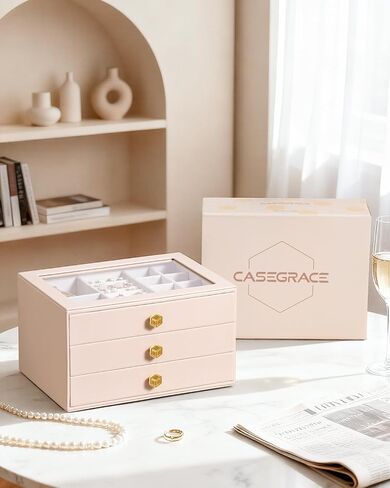 صندوق مجوهرات CASEGRACE للنساء مع غطاء زجاجي - منظم تخزين المجوهرات الجلدية درجين للقلائد والخواتم والأقراط والأساور، هدية مثالية (وردي، طبقتان) in Kuwait