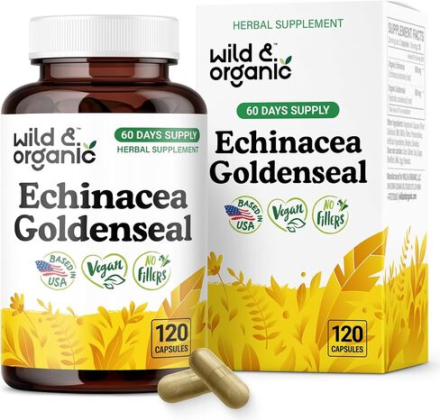 Wild & Organic Echinacea Goldenseal Capsules - Immune & Lung Support - Goldenseal Echinacea Supplement - Hydrastis Canadensis & Purpurea Complex - Vegan, No Fillers, Non-GMO - 60 Count in Saudi Arabia