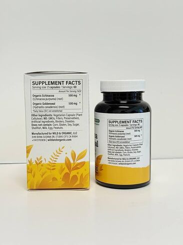 Wild & Organic Echinacea Goldenseal Capsules - Immune & Lung Support - Goldenseal Echinacea Supplement - Hydrastis Canadensis & Purpurea Complex - Vegan, No Fillers, Non-GMO - 60 Count in Saudi Arabia