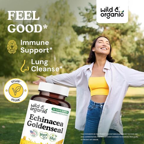 Wild & Organic Echinacea Goldenseal Capsules - Immune & Lung Support - Goldenseal Echinacea Supplement - Hydrastis Canadensis & Purpurea Complex - Vegan, No Fillers, Non-GMO - 60 Count in Saudi Arabia