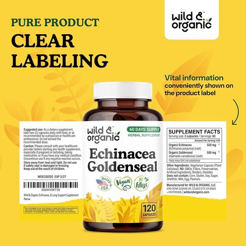 Wild & Organic Echinacea Goldenseal Capsules - Immune & Lung Support - Goldenseal Echinacea Supplement - Hydrastis Canadensis & Purpurea Complex - Vegan, No Fillers, Non-GMO - 60 Count in Saudi Arabia