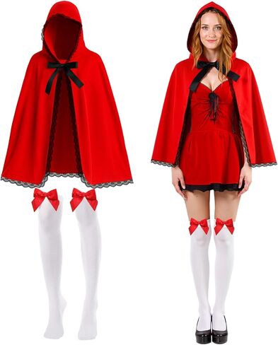 Haysandy 2 Pcs Women's Riding Hood Costume Red Hooded Velvet Cloak Satin Bow Thigh Highs Halloween Christmas Cosplay Party in Saudi Arabia