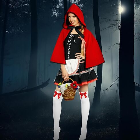 Haysandy 2 Pcs Women's Riding Hood Costume Red Hooded Velvet Cloak Satin Bow Thigh Highs Halloween Christmas Cosplay Party in Saudi Arabia
