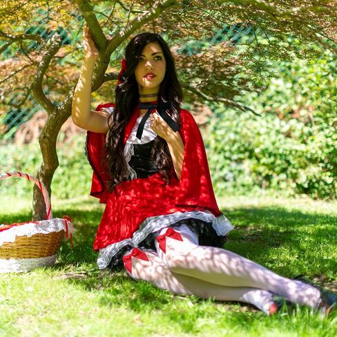 Haysandy 2 Pcs Women's Riding Hood Costume Red Hooded Velvet Cloak Satin Bow Thigh Highs Halloween Christmas Cosplay Party in Saudi Arabia