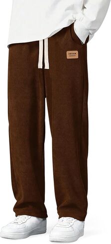 Mens Corduroy Pants Drawstring Elastic Waist Casual Pants Straight Baggy Sweatpants with Pockets in Kuwait