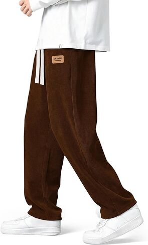 Mens Corduroy Pants Drawstring Elastic Waist Casual Pants Straight Baggy Sweatpants with Pockets in Kuwait