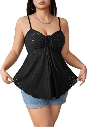 SOLY HUX Women's Plus Size Peplum Tops Cute Sweetheart Neck Tie Front Eyelet Cami Babydoll Top in Saudi Arabia